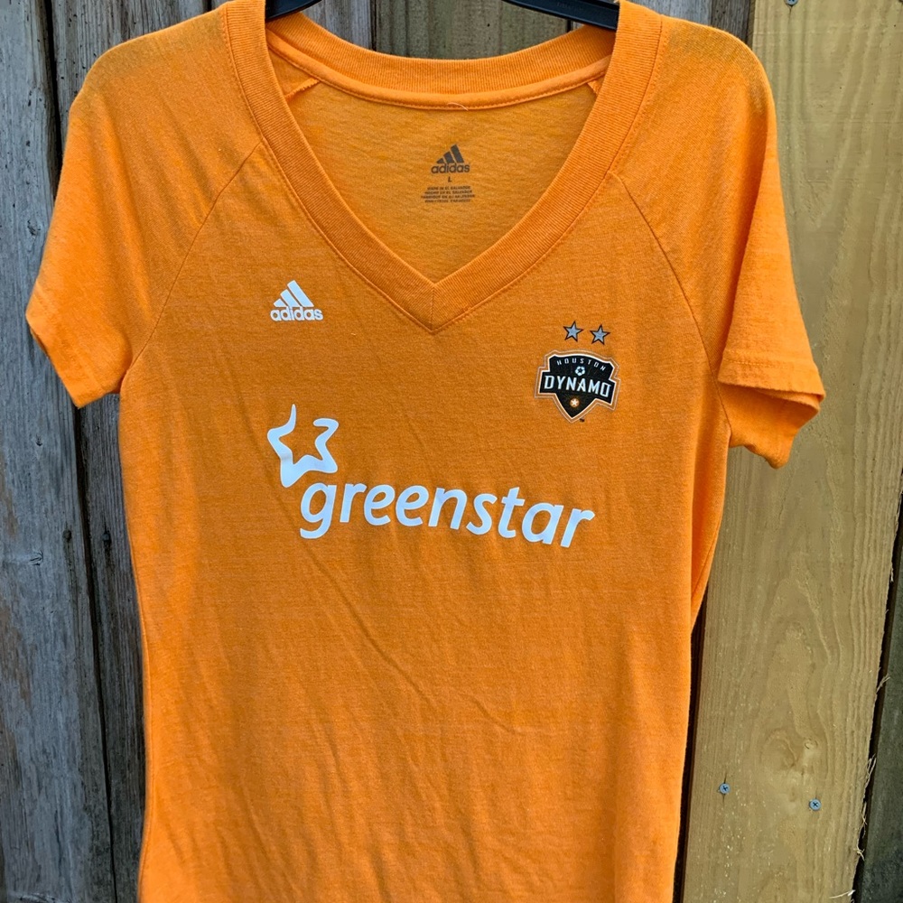 Adidas Green-star Houston Dynamo V-Neck tee, size large, color: Orange